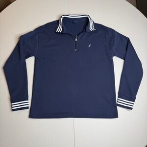 Nautica Mens Quarter‎ Zip Pullover Navy Blue Stripe Trim Fleece Small 1723720
